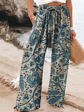 economico Pantaloni in cotone e lino con grafica-Per donna Pantaloni ispirati al lino Gamba larga Pantaloni Palazzo Moda Boho Lunghezza intera Vita Alta Fiore Elastico in vita Traspirante Confortevole Micro-elastico Streetwear Abbigliamento