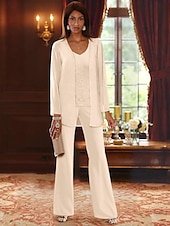 voordelige Broekpakken van mama-Strand Bruiloft Jumpsuit  Broekpak 3-delig Moeder van de Bruid Formele Bruiloft Gast Elegante V-Hals Vloerlengte Chiffon Kant Lange Mouw Jas met Apliques 2025
