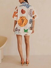 baratos Conjuntos-Mulheres Moda Roupa de rua Camisas de algodão e linho Conjuntos de linho de algodão Conjuntos de saia Manga Curta Colarinho de Camisa Estampado Imprimir Roupa Diária Encontro Branco Verão Normal