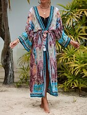 abordables Caftans-Femmes Maillots de Bain Vêtement couvrant Maillot de bain Nœud devant Tenues de plage Boho Fleur Col en V manche longue Maillots de bain