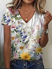 billige Blomster t-skjorte-Dame T skjorte Sommertopper Blomstret Planter Klassisk Fritid Kortermet V-hals Crop Tops Daglig Helg Trykt mønster Regnbue Sommer Vår Høst