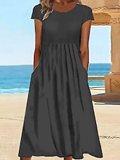 abordables concevoir des robes en coton et lin-Femmes Robe Midi Robe Décontractée Mode Classique Extérieur Fête Week-end Coupe régulière Uni Manche Courte Col ras du cou Blanche Gris Clair Gris foncé Été