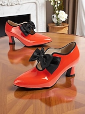 ieftine anii 1920-Pantofi de damă din piele lăcuită roșie cu toc jos – pantofi cu vârful ascuțit, stil vintage anii 1920, cu fundă neagră, pentru petreceri de ceai, nunți și evenimente retro