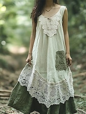 abordables Robes-Femmes Robe Longue Maxi Robe Robes en coton et lin Robe Décontractée Robe bohème Robe occidentale Mode Extérieur Soirée Fête Coupe régulière Bloc de Couleur Sans manches Col en U Vert Été