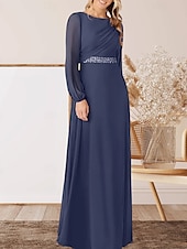 abordables Longueur du plancher-Robe A-Ligne pour Mère de la Mariée Invité de Mariage Élégante Col Arrondi Longueur Sol Chiffon Manches Longues avec Perles Ruché