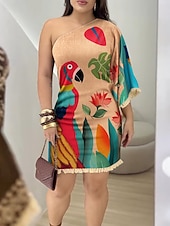 cheap Casual Floral Dresses-Women&#039;s Mini Dress Tassel Dress Summer Dress Print Dress Elegant Summer Dress Regular Fit Floral Tree 3/4 Length Sleeve One Shoulder Black Brown Khaki Summer