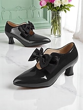 ieftine anii 1920-Pantofi de damă din piele lăcuită roșie cu toc jos – pantofi cu vârful ascuțit, stil vintage anii 1920, cu fundă neagră, pentru petreceri de ceai, nunți și evenimente retro