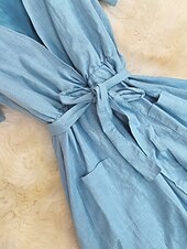 abordables Robes Bohémiennes-Femmes Mini Robe Robe en coton et lin Robe bohème Robe occidentale Mode Moderne Vacances Fête Week-end Coupe régulière Uni Manche Courte Col en V Bleu Été
