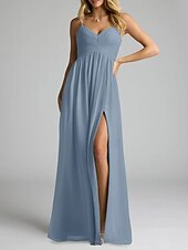 baratos Vestidos para Madrinhas-Vestido de dama de honra em corte A, decote em V / alças finas, sem mangas, elegante, longo, chiffon com pregas / frente aberta / franzido 2025