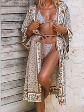 preiswerte Kaftane-Damen Badeanzug Überwurf Bademode Vorderknoten Strandbekleidung Boho Blume V Ausschnitt Langarm Badeanzüge