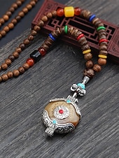 levne Pánské šperky-Pánský náhrdelník z přírodních dřevěných korálků s tibetským totemovým přívěskem, boho etnický styl s dlouhým řetízkem pro meditaci, jógu, duchovní setkání a ležérní letní outfity.