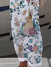 billiga Grafisk linnebyxa i bomull-Dam Linneinspirerade byxor Harem byxor Mode Boho Fullängd Medium Midja Kanin Blomma Elastisk midja Andningsfunktion Bekväm Microelastisk Gata Dagliga kläder Utekväll Blå Sommar Vår Normal