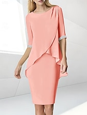 preiswerte Teelänge-Strandhochzeit Etuikleid Mutter der Braut Kleid Hochzeitsgast Eleganter Juwelenausschnitt Teelänge Chiffon halblangärmelig mit Perlen-Raffung