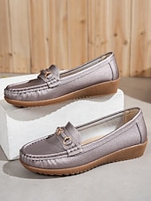 abordables Chaussures sans lacet et mocassins femme-Mocassins pour femme en similicuir métallisé avec mors doré, chaussures plates confortables à enfiler pour la conduite, le travail et les sorties décontractées