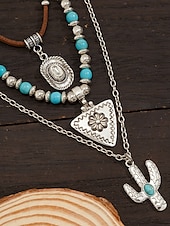cheap Women&#039;s Necklace-Women&#039;s Western Layered Turquoise Beaded Necklace Set – Boho Statement Jewelry with Cactus &amp; Teardrop Charms, Ideal for Festivals, Country Concerts and Casual Wear