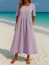 ieftine Rochii casual florale-Pentru femei Rochie Maxi Rochie de Vară Casual Zilnic Rochie de toamna Potrivire Largă Dungi Manșon scurt Stil Nautic Albastru celest Cămilă Mov Trifoi Toamnă