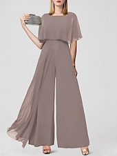 baratos Macacões da mamãe-Jumpsuits para Convidadas de Casamento Elegantes Formais Comprimento Longo Mangas Curtas Decote Joaninha Chiffon com Franjas 2025 tamanho personalizado gratuito