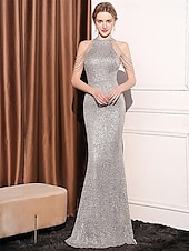 voordelige Grijs-Zeemeermin  Trompet Quinceañera Jurken Elegante Jurk Formele Bruiloft Vloerlengte Mouwloos Halter Nek Polyester met Pailletten