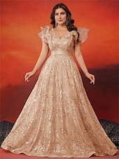 economico Champagne-Abiti A-Line Taglia Plus Elegante Abito Curve Formale per Matrimonio Lunghezza Della Terra Senza Maniche Collo A V In Paillettes 2025