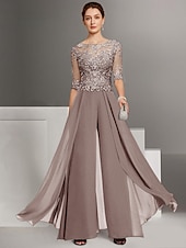 abordables Combinaisons pour maman-Combinaison deux pièces  tailleur mère de la mariée invitée de mariage église élégante petite décolleté bateau longueur sol chiffon manches mi-longues avec appliqués taille personnalisée gratuite