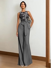 abordables Combinaisons pour maman-Combinaison / Tailleur-Pantalon Robe de Mère de Mariée  Formel robe demoiselle d honneur Élégant Simple Minimaliste Col ras du cou Longueur au sol Dentelle Tissu Extensible Sans manches avec Ceinture