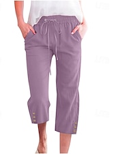 baratos Calça de linho de algodão simples-Mulheres Calças de linho de algodão Calças Capri Calças Moda Roupa de rua Comprimento da panturrilha Natural Tecido Bolsos Design de cordão elástico Confortável Exterior Rua Para Noite clarete Azul