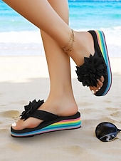 voordelige Slide Sandalen-Regenboog platform slippers voor dames met grote roze bloem, kleurrijke strandsandalen voor vakantie, tieners en jongvolwassenen, zomerse casual stijl