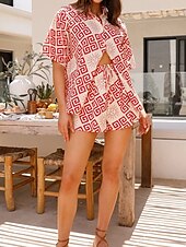 abordables Ensembles-Femmes Mode Streetwear Chemises en coton et lin Ensembles en coton et lin Ensembles de Shorts Manche Courte Col de chemise Impression Imprimé Tenue quotidienne Date Blanche Rose Claire Rouge Été
