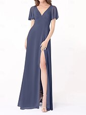 economico Abiti da damigella-Abito A-Line Damigella d&#039;Onore V Collo Manica Corta Elegante Lunghezza del Pavimento Chiffon con Fessura Frontale/Ruching