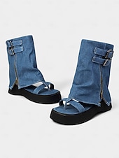 Χαμηλού Κόστους Μπότες αστραγάλου-Γυναικεία τζιν σανδάλια με πλατφόρμα Gladiator – ρετρό λεπτομέρεια με αγκράφα, ανοιχτά δάχτυλα, casual στυλ φεστιβάλ για καλοκαιρινό streetwear