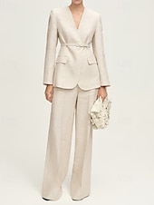 cheap Mom&#039;s Pant Suits-Collarless Blazer Two Piece Pantsuit Pantsuit Linen Blended Mother of the Bride Pantsuit Elegant Simple Minimalist V Neck Floor Length Long Sleeve with Solid Color 2025