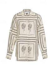 abordables Ensembles-Femmes Mode Streetwear Chemises en coton et lin Ensembles en coton et lin Ensembles de Pantalons Manche Courte Col de chemise Géométrique Imprimé Tenue quotidienne Date Beige Été Coupe régulière