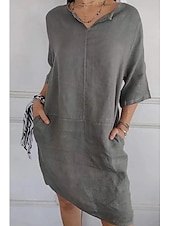 abordables concevoir des robes en coton et lin-Femmes Mini Robe Robes en coton et lin Robe Décontractée Robe d&#039;été Basique Moderne Quotidien Week-end Coupe régulière Uni Manche 3/4 Col en V Noir Blanche Marron Gris Été