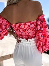 preiswerte Damen Grafik Tops-Damen Boho-Hemd Bluse Blume Modern Boho Langarm Schulterfrei Normale Oberteile Täglich Ausgehen Druck Erröten Sie Rosa Rosa Wein Rote Purpur Sommer