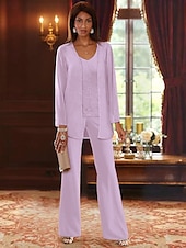 voordelige Broekpakken van mama-Strand Bruiloft Jumpsuit  Broekpak 3-delig Moeder van de Bruid Formele Bruiloft Gast Elegante V-Hals Vloerlengte Chiffon Kant Lange Mouw Jas met Apliques 2025