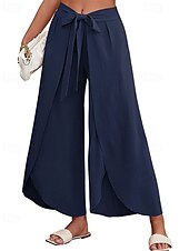 abordables Pantalón liso de lino y algodón-Mujer Pantalones de lino y algodón pantalones Casual Longitud total Cintura Media Plano Cintura elástica Separado Al Aire Libre Cómodo Festivos Ropa Cotidiana Fin de semana Albaricoque PEC Celeste