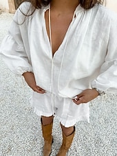 abordables Ensembles-Femmes Actif Chemises en coton et lin Chemisier Ensembles de Shorts manche longue Col en V Couleur Unie Froncé Décontracté Quotidien Week-end Noir Blanche Rose Claire Été Coupe régulière
