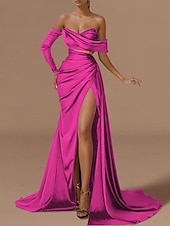cheap GREEN-Beach Wedding Mermaid Evening Gown Sexy Dress Formal Wedding Guest Floor Length Long Sleeve Off Shoulder Satin with Ruched Slit Masquerade Dress