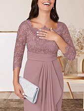 levne Délka podlahy-Sloupec  Sloupové šaty matky nevěsty Svatební Host Elegantní Čtvercový Krk Délka Podlahy Chiffon Krajka 3/4 Dlouhý Rukáv s Krajkovým Páskem  Stuhou Krepováním