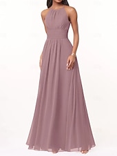 cheap Bridesmaid Dresses-A-Line Bridesmaid Dress Halter Neck Sleeveless Elegant Floor Length Chiffon with Pleats / Ruching