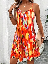 abordables Art &amp; Design Robe-Femmes Mini Robe Robe trapèze Robe d&#039;été Robe Nuisette Vacances Occasionnel Coupe régulière Graphique Bloc de Couleur Abstrait Sans manches Col en V Bleu Orange Été Printemps