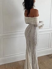 levne Bílé krajkové šaty-Dámské Dlouhé šaty Maxi šaty Krajkové šaty Šaty na ples Šaty na párty Elegantní Módní Párty Zvláštní příležitosti Večerní oslava Běžný Bez vzoru Dlouhý rukáv Pod rameny Černá Bílá Léto