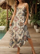 abordables Robes Boho-Femmes Robe maxi Robe d&#039;Été Robe trapèze Robe Nuisette Vacances Occasionnel Boho Plage Coupe régulière Graphique Abstrait Vintage Sans manches Col en V Jaune clair Rose Claire Bleu Violet Claire Ét