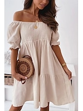 abordables Robes décontractées blanches-Femmes Mini Robe Robe Décontractée Robe d&#039;été Basique Moderne Quotidien Week-end Coupe régulière Uni Manche Courte Épaules Dénudées Noir Blanche Abricot Été