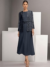 economico Con giacca-Abito madre della sposa A-Line due pezzi elegante semplice casual collo a barca lunghezza caviglia chiffon maniche lunghe con pizzo