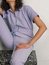 preiswerte Unterteile-Damen Normal Overall Streetwear Einfarbig Kurzarm Hemdkragen Reißverschluss Ausgehen Wochenende Normale Passform Blau Schwarz Rosa Sommer