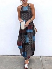 tanie Sukienki boho-Damskie Długa sukienka sukienka maxi Sukienka w kwiatki Sukienka z nadrukiem Moda Nowoczesny Na zewnątrz Urlop Wyjściowe Regularny Kwiat Bez rękawów Półgolf Czerwony Niebieski Czerwona róża Lato