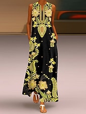 cheap Boho Dress-Women&#039;s Maxi Dress Sundress A Line Dress Summer Dress Vacation Casual Boho Daily Holiday Loose Fit Graphic Paisley Tribal Sleeveless Crew Neck V Neck Yellow Summer