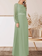 abordables Longueur du plancher-Robe A-Ligne pour Mère de la Mariée Invité de Mariage Élégante Col Arrondi Longueur Sol Chiffon Manches Longues avec Perles Ruché
