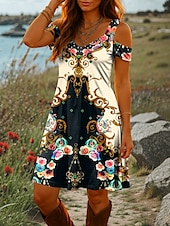 billige Boho-kjoler-Dame Mini kjole Kjole med A-linje Sommerkjole Ferie Fritid Daglig Ferie Normal Blomstret Grafisk Stamme Kortermet V-hals Gul Blå Lilla Sommer